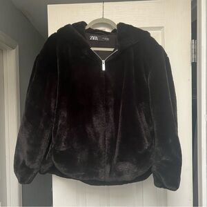 Zara Elegant Hooded Black Faux Fur Coat size small